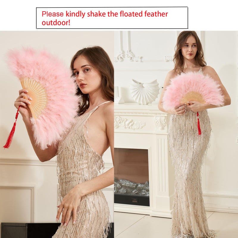 Happy Feather Handheld Marabou Feather Fan, 1920s Vintage Style Flapper Hand Fan for Costume Party and Dancing-Light Pink - Image 3